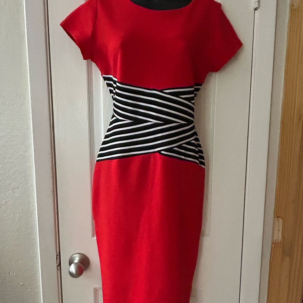 Shelby & Palmer Red Dress with Black and White Stripes